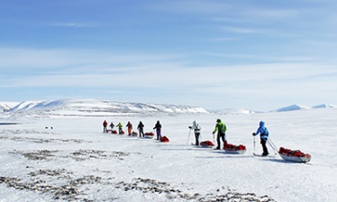 Pulka-skiing on the steps of the Von Post glacier